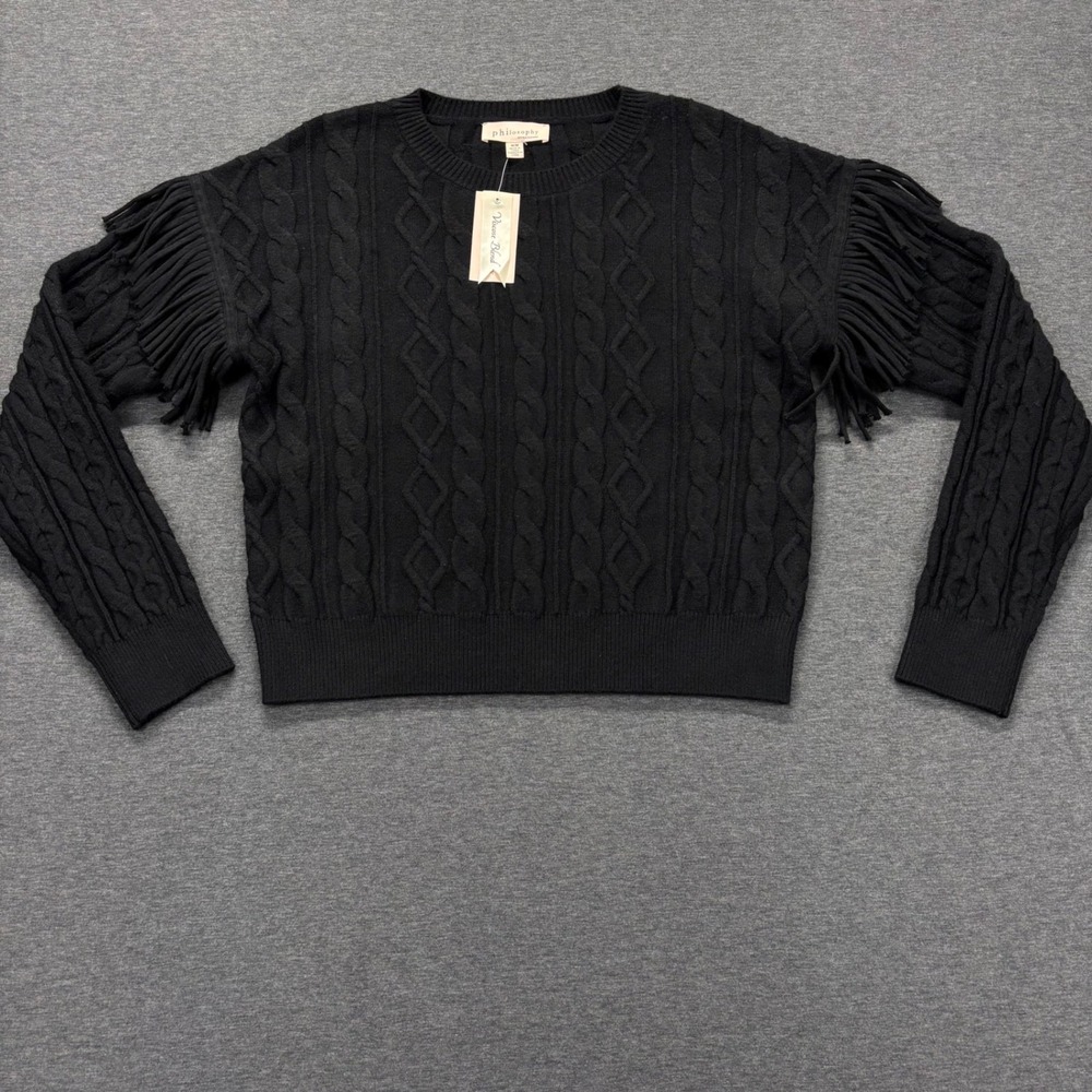 Philosophy Sweater Womens M Cable Knit Fringe Viscose Blend Black Crewneck NEW